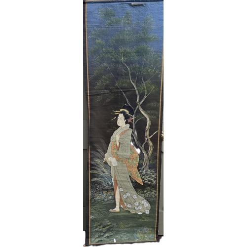 1728 - Two 20th century Japanese paintings depicting ladies walking through a garden, polychrome pigment on... 