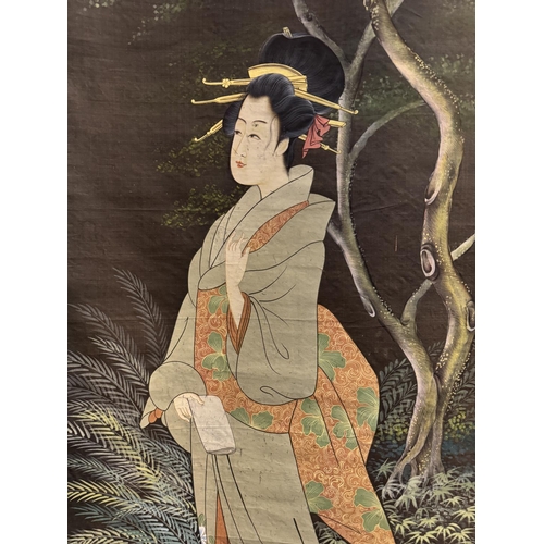 1728 - Two 20th century Japanese paintings depicting ladies walking through a garden, polychrome pigment on... 