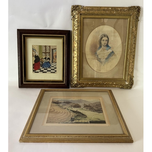 1731 - Three artworks to include: A Victorian pencil and watercolour portrait of a lady in gilt gesso frame... 