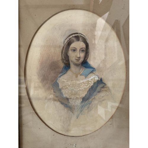 1731 - Three artworks to include: A Victorian pencil and watercolour portrait of a lady in gilt gesso frame... 