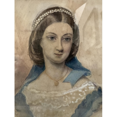 1731 - Three artworks to include: A Victorian pencil and watercolour portrait of a lady in gilt gesso frame... 