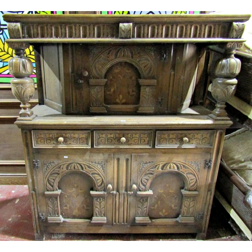 1583 - A reproduction Old English style oak court cupboard with carved and inlaid detail, 165cm high, 143 x... 