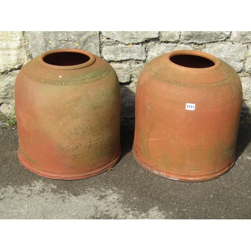 1111 - A pair of weathered terracotta kale / rhubarb forcers, each with incised scripted collars ‘Sankeys L... 