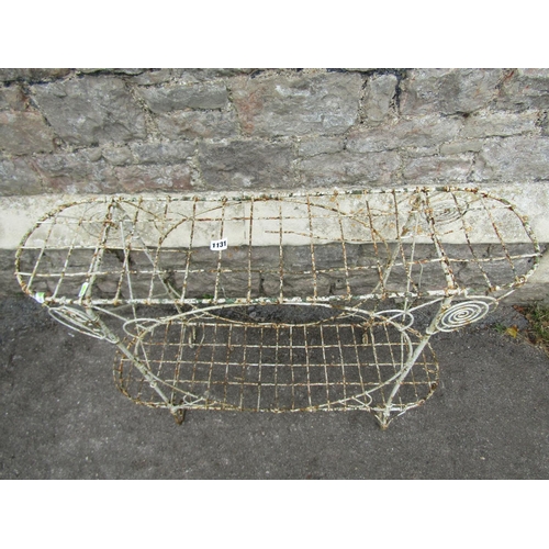 1131 - An old weathered painted two-tier wirework greenhouse/conservatory plant stand, 73cm high, 94 x 28cm... 