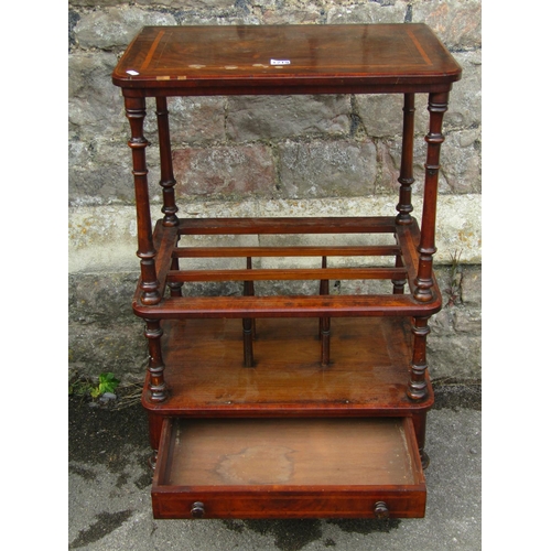 1219 - A Victorian walnut and rosewood banded Canterbury with a single drawer, a raised wotnot top, turned ... 