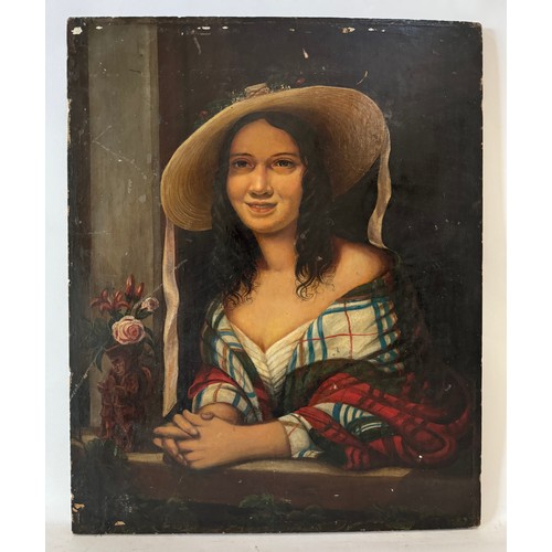 1627 - Continental School, 19th Century - Portrait of a lady wearing a straw hat and checkered shawl, half-... 