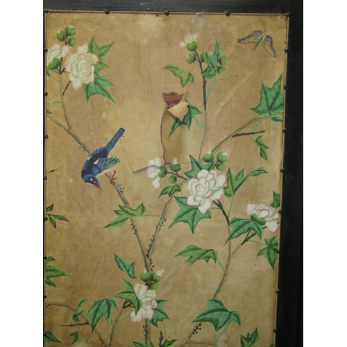 1400 - A decorative Chinese three panel room devising screen, decorated with birds and fowl amongst blossom... 