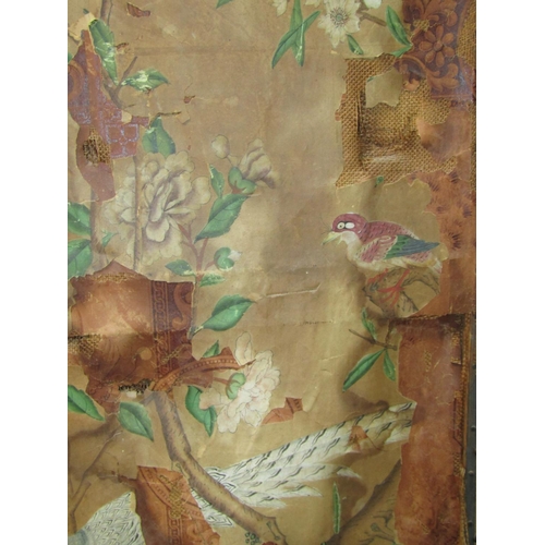 1400 - A decorative Chinese three panel room devising screen, decorated with birds and fowl amongst blossom... 