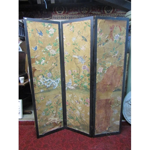 1400 - A decorative Chinese three panel room devising screen, decorated with birds and fowl amongst blossom... 