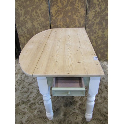 1236 - A contemporary pale pine drop-leaf dining table with apple green painted frieze fitted with two draw... 