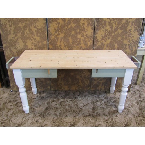 1236 - A contemporary pale pine drop-leaf dining table with apple green painted frieze fitted with two draw... 