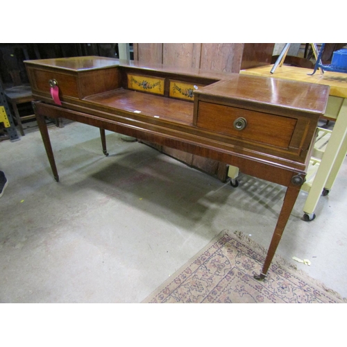 1239 - A mahogany and satinwood dressing table (converted from a square piano) with painted drawer fronts i... 