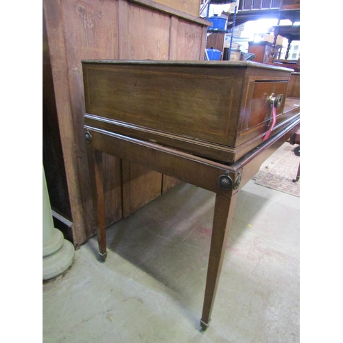 1239 - A mahogany and satinwood dressing table (converted from a square piano) with painted drawer fronts i... 