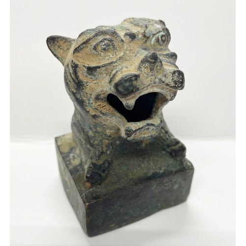 556 - A bronze seal with tiger head mount on a square cut base 8.5cm high x 5cm base