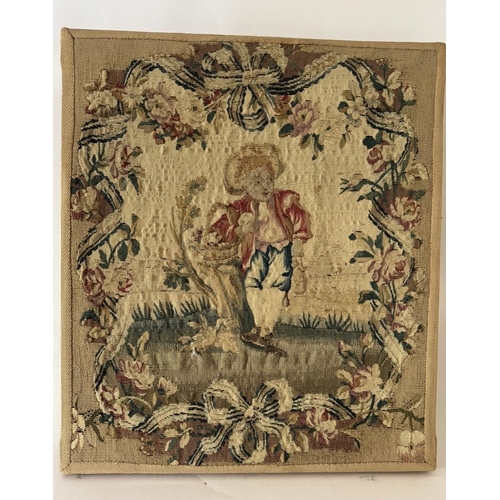 1688 - A French Aubusson tapestry titled 'Farmer's Boy', depicting a young man holding a basket while leani... 