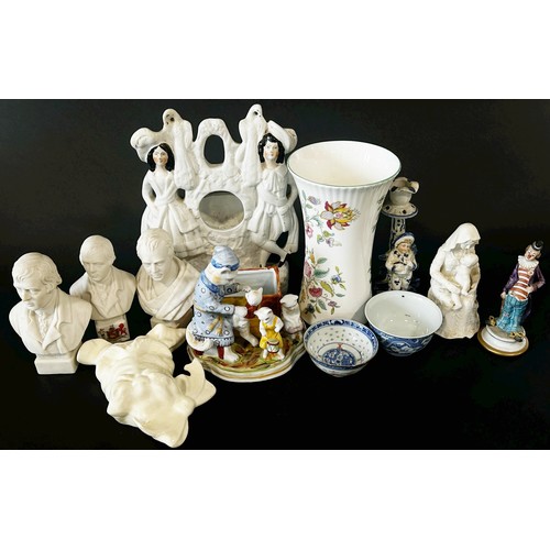 151 - A collection of mixed ceramics to include tea wares, Parian busts (Scott & Burns), figures (Alsatian... 