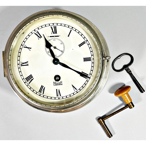 408 - A Mercer bulk head clock with polished chrome case, 6” dial.