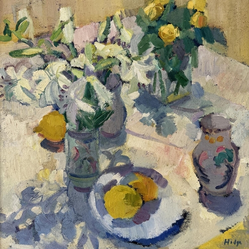 1641 - Anthony Hodge (Local Artist, 1948-2009) - Lilies and lemons, signed below, oil on board, with Heathc... 