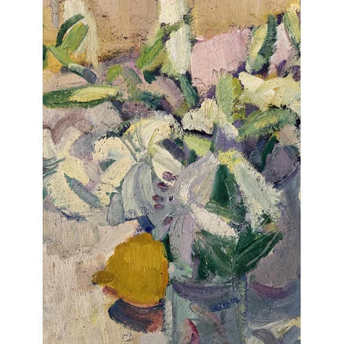 1641 - Anthony Hodge (Local Artist, 1948-2009) - Lilies and lemons, signed below, oil on board, with Heathc... 