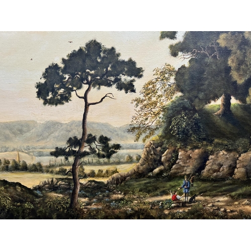 1656 - British School - A large 20th century landscape scene in the 18th/19th century style depicting two h... 