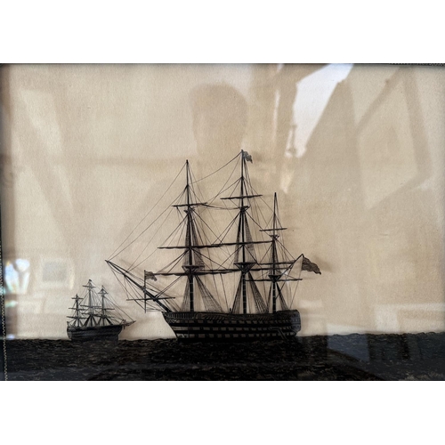 1660 - A pair of 19th century reverse glass silhouette paintings of  United States Navy ships, titled 'The ... 