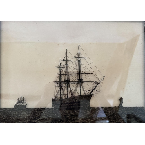 1660 - A pair of 19th century reverse glass silhouette paintings of  United States Navy ships, titled 'The ... 