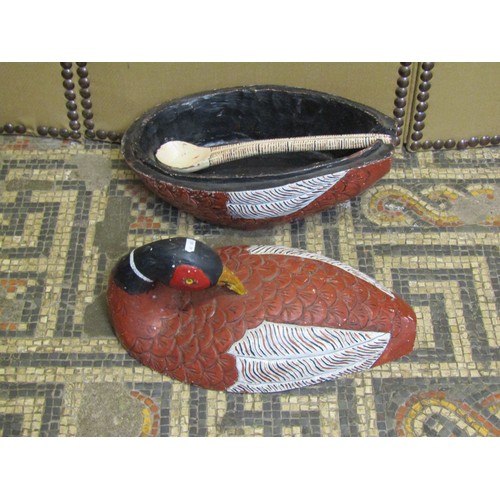 557 - An unusual folk art carved and painted hardwood serving tureen, cover and spoon in the form of a sea... 