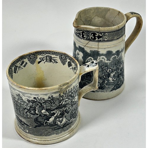 123 - A 19th century creamware jug and mug pair, depicting The Dragoon Charge at Balaklava (jug) and The B... 