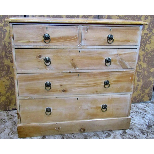 1196 - A stripped pine chest of drawers with two short over three long graduated drawers, 100cm w x 93cm h ... 