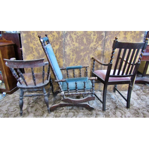 1327 - Four various chairs to include a 20th century Windsor kitchen elbow chair, an American rocking chair