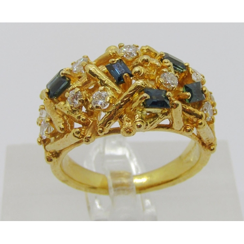 357 - Kutchinsky 18ct baguette-cut topaz and brilliant-cut diamond ring, London 1966, size P, 12.1g, with ... 