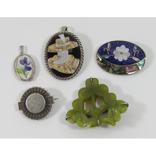 360 - Collection of vintage costume jewellery to include a silver pietra dura pendant / brooch depicting a... 