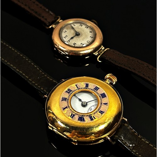 395 - An 18ct yellow gold cased half hunter fob watch with enamelled case, on leather strap, 31g (gross we... 