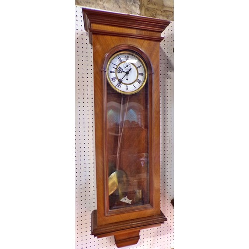 402 - A Vienna single weight wall clock, in walnut case, 88 x 33cm.