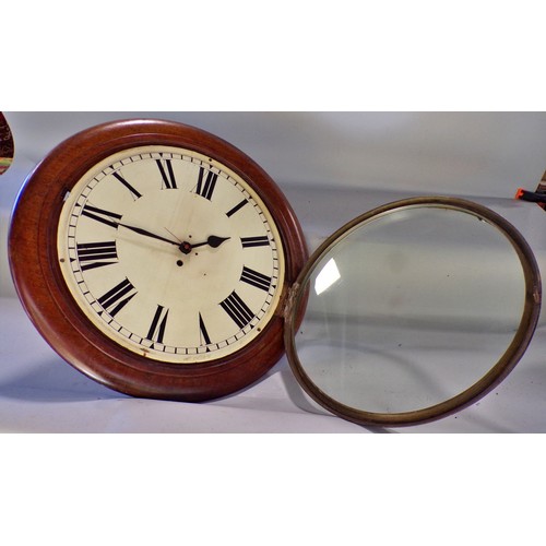 406 - A 19th century mahogany cased wall clock with  (lacking original movement, adapted with battery quar... 