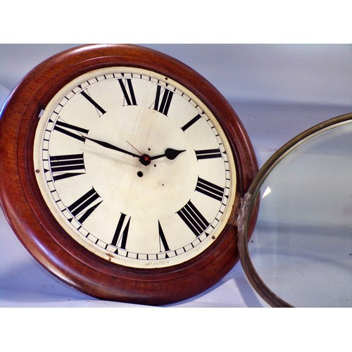 406 - A 19th century mahogany cased wall clock with  (lacking original movement, adapted with battery quar... 