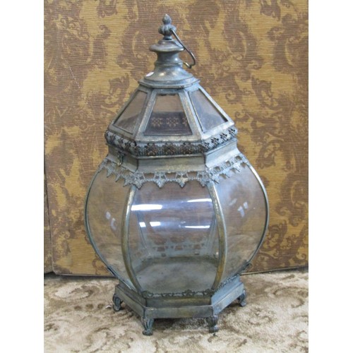 1121 - A decorative brass framed hexagonal hall lantern with verdigris effect finish, 70cm high.