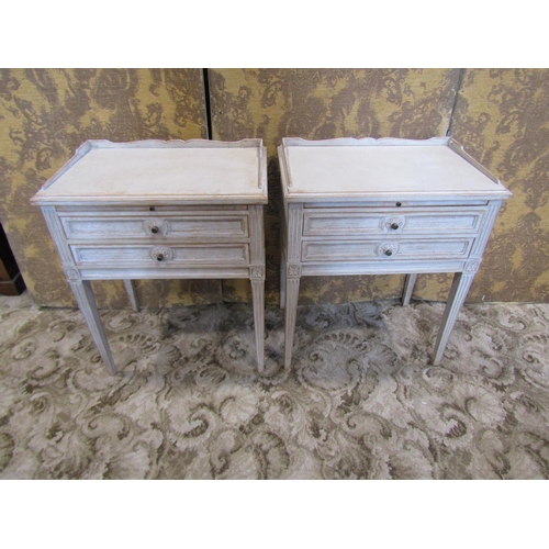 1193 - A pair of painted and dry scrapped low continental bedside cabinets, each with raised gallery over a... 