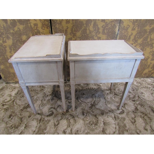 1193 - A pair of painted and dry scrapped low continental bedside cabinets, each with raised gallery over a... 