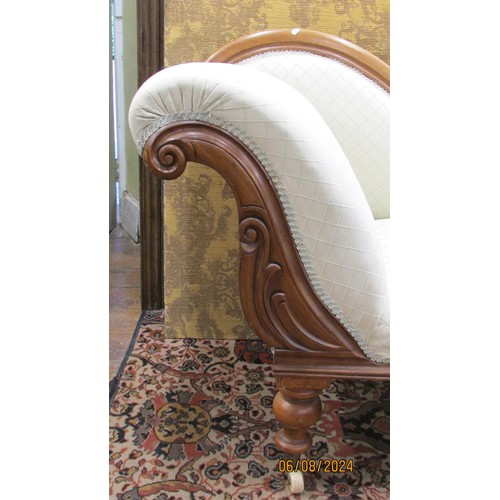 1445A - Victorian chaise longue with carved walnut showwood frame and reupholstered finish, 180cm long