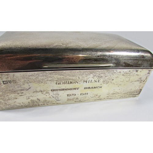 276 - A silver cigar and cigarette box, together with another silver cigarette box (both with presentation... 