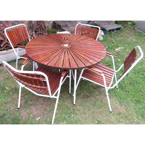 1045 - A vintage five piece garden terrace suite comprising table of circular form with radiating teak top ... 