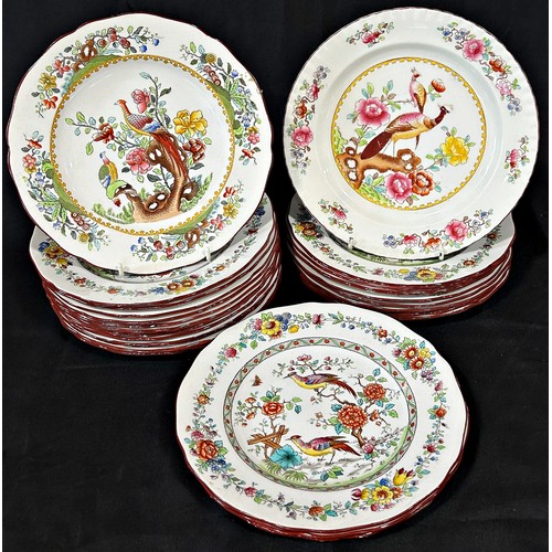 28 - Copeland Spode Exotic Bird pattern within a repeating floral border comprising dinner plates, compor... 