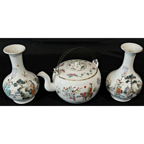 61 - Chinese export porcelain pair of vases and teapot (3) all with hand-painted character floral detail