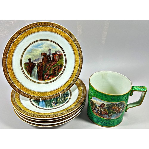 45 - A Prattware mug, pastoral and harbour scenes on a green ground together with five plates with classi... 