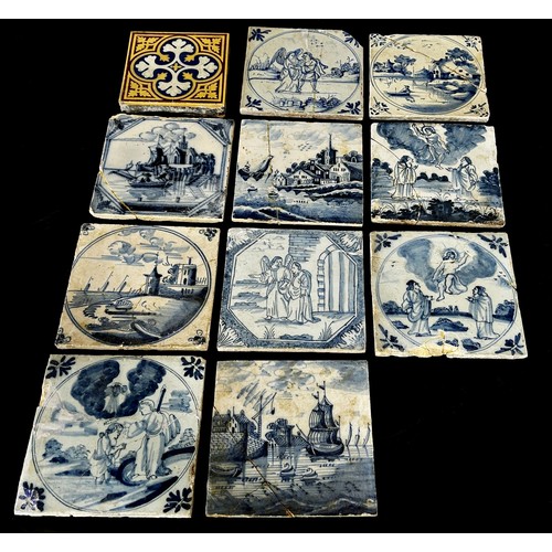 86 - A collection of  ten 18th century Delft tiles, mixture of biblical and landscape, all damaged