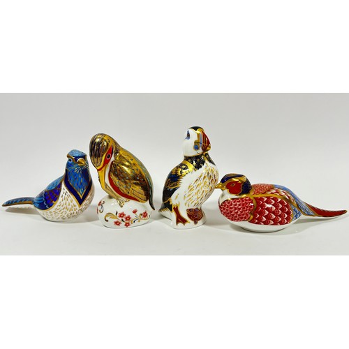 87 - Fourteen Crown Derby animal paperweights, all with silver or no stoppers, comprising birds, cats, dr... 