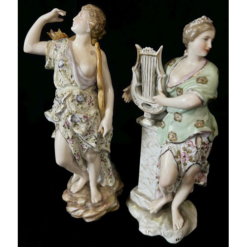 92 - Two Volkstadt figures of Diana the Huntress and a figure with a lyre, a pair of Volkstadt German bis... 