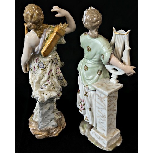 92 - Two Volkstadt figures of Diana the Huntress and a figure with a lyre, a pair of Volkstadt German bis... 