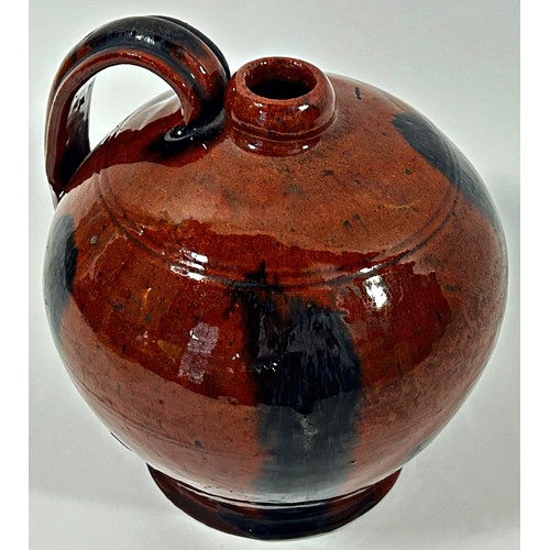 102 - 19th century cider jug with loop handle and glazed finish, old inventory number to base